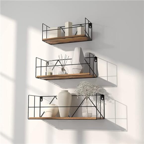 Floating Shelves Wall Mounted Set of 3, Wall Shelves with Metal Wire for Bathroo - Picture 1 of 6